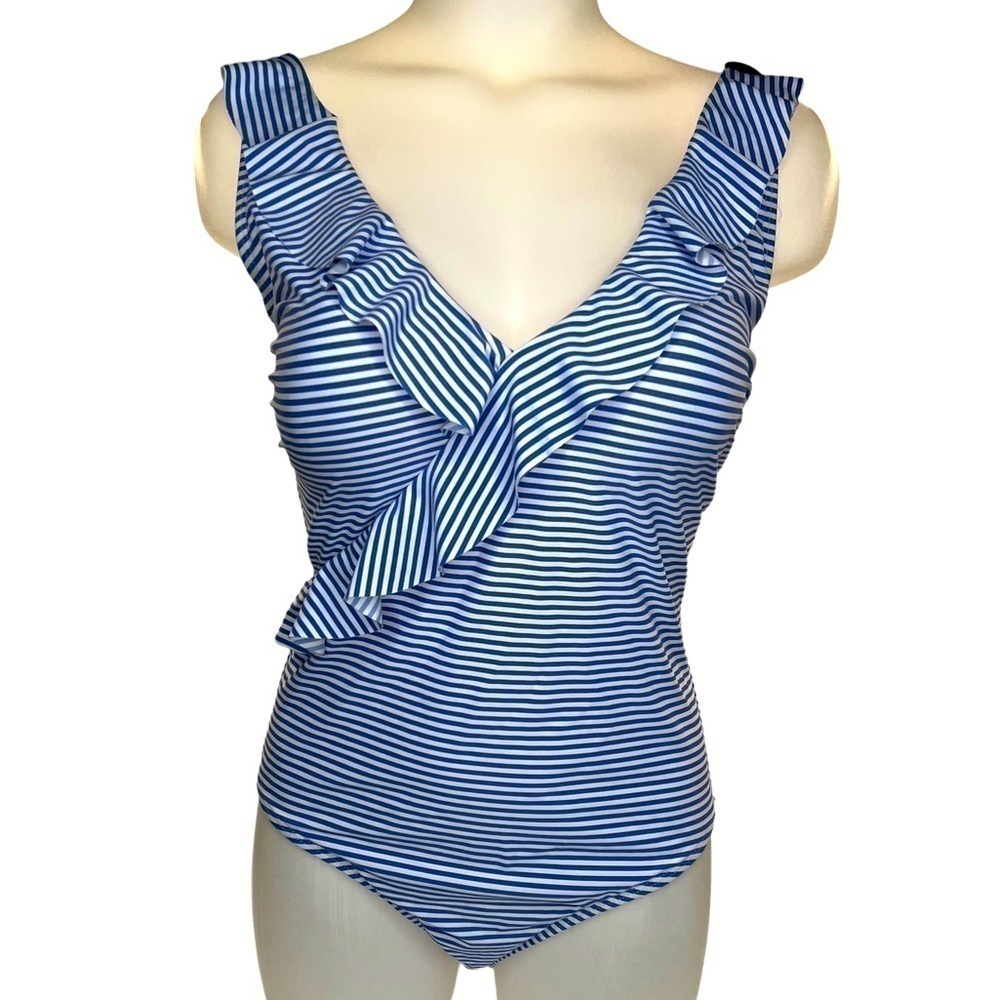Ris-K Swim Paradise Blue White Striped Ruffle One Piece Swimsuit
